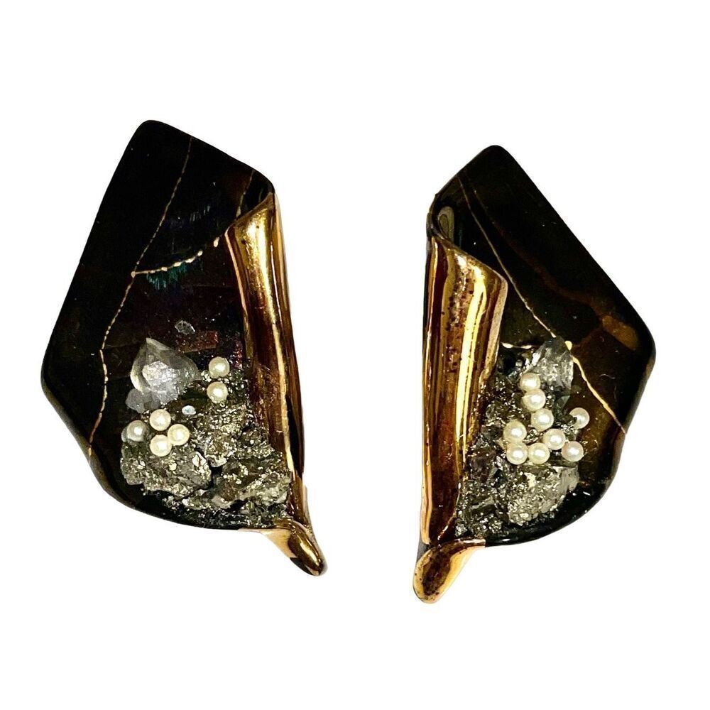 Vintage 80’s Rare Pyrite in Slate Idar Oberstein Earrings